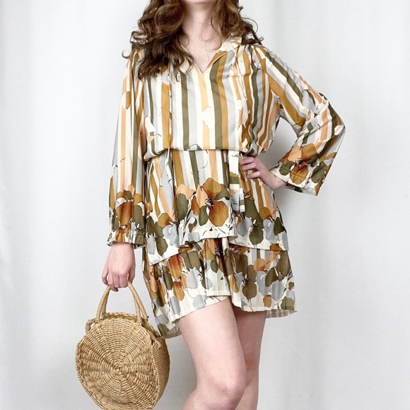 Stunning Vintage Mid Century Modern Pleated Striped Dress Oversized Set 50s 60s - Picture 5 of 10